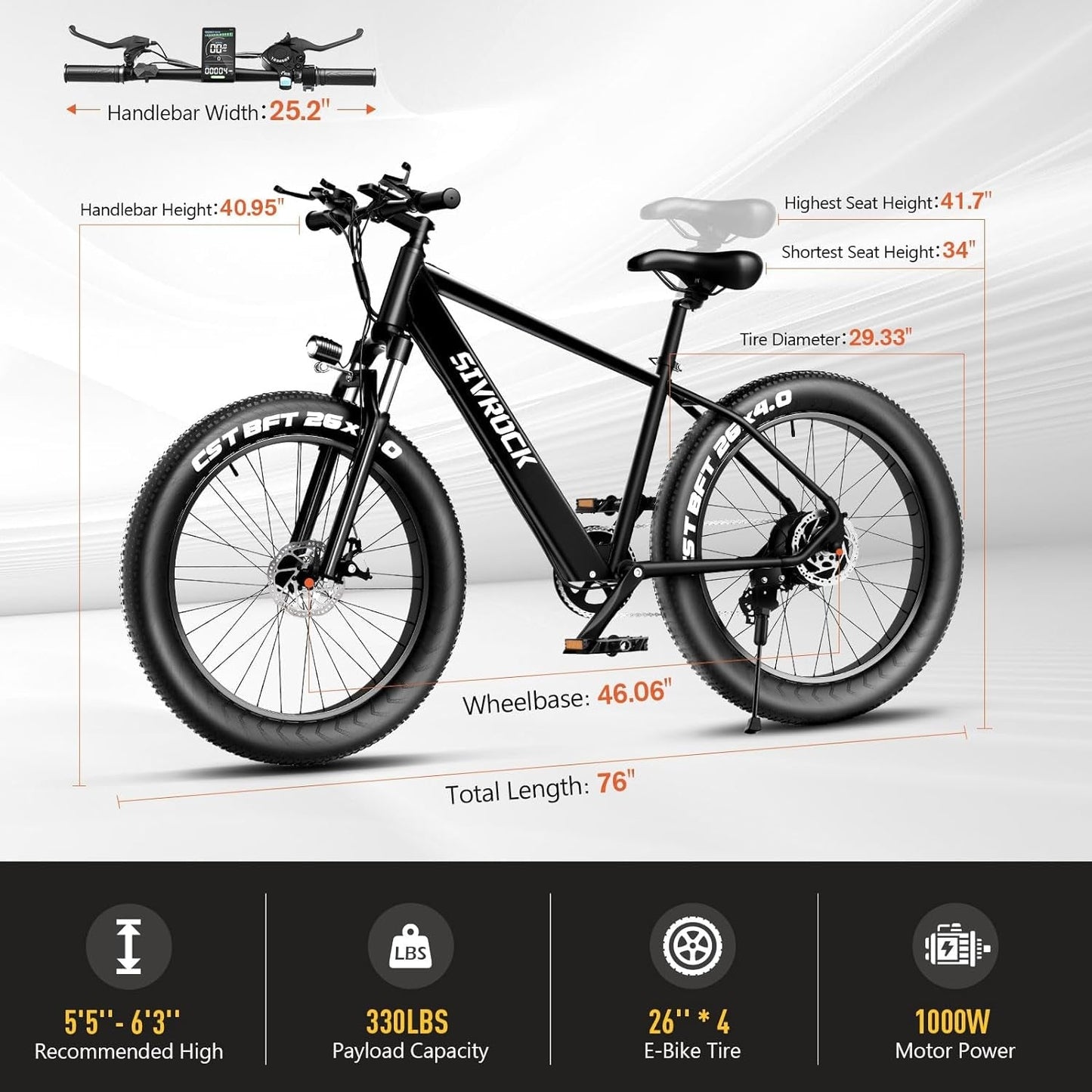 Electric Bike for Adults, 26" X 4.0 Fat Tire Electric Mountain Bicycle, 1000W Motor 48V 15Ah Ebike with Professional 7 Speed, Hidden Lithium-Ion