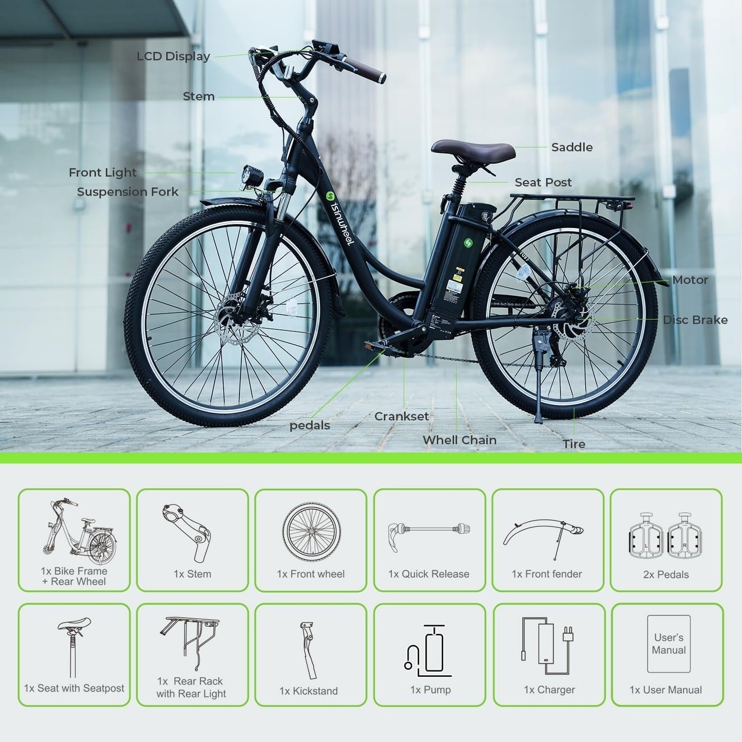 Electric Bike U2, 26" Electric Cruiser Bike 500W Ebike, 20MPH & 55 Miles Electric Bicycle for Adults, Professional 7 Speed and Dual Shock Absorber