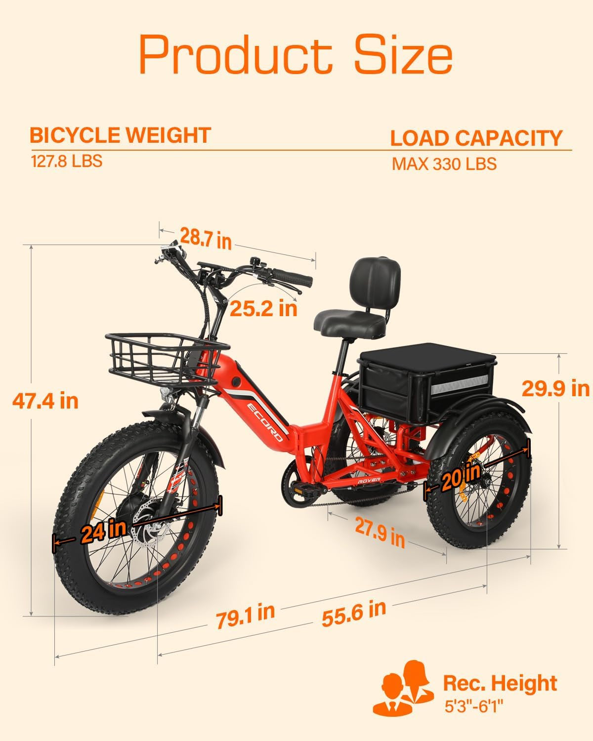 Electric Tricycle for Adults, 48V/10.4Ah Electric Trike with 500W Motor, Removable Battery, Bike Basket, for Sand Road, City Road, Gravel Road, Snowy