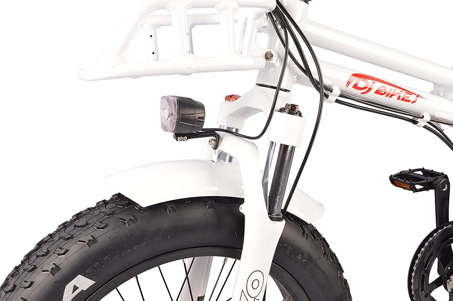 DJ Folding Bike 750W 48V 13Ah Power Electric Bicycle, Pearl White, LED Bike Light, Suspension Fork and Shimano Gear