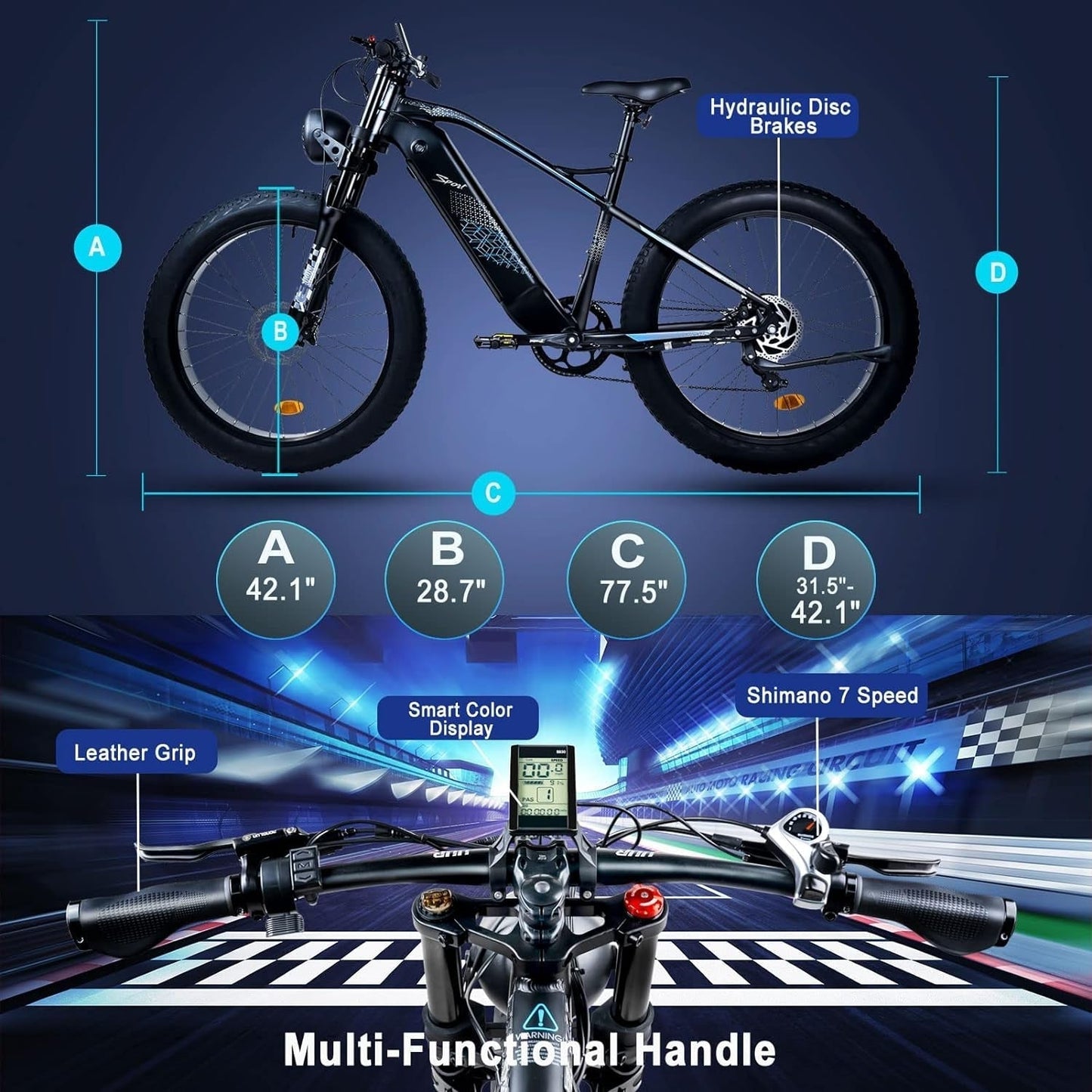 Electric Bike,750W 32 MPH Electric Mountain Bike for Adults, 26" Fat Tire Electric Bicycle with 48V 15Ah Removable Internal Lithium-Ion, Shimano 7