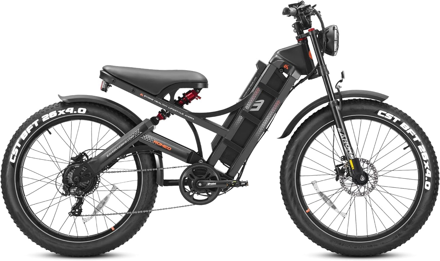 Romeo Pro Upgraded Electric Bike 60Ah 1200W (Peak 1600W) 26" Fat Tire 34Mph/100-200 Miles Ultra Long Range E Mountain Bikes Full Suspension Dual