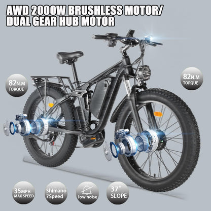 Smlro V3 plus Electric Bicycle 2000W Dual Motor Ebike 48V 22.4Ah Mountain Snow E Bike 35MPH Electric Bicycle 26" Fat Tire 7 Speed MTB for Trail Riding