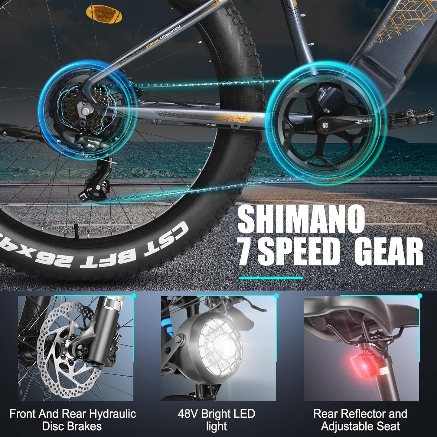 Electric Bike,750W 32 MPH Electric Mountain Bike for Adults, 26" Fat Tire Electric Bicycle with 48V 15Ah Removable Internal Lithium-Ion, Shimano 7