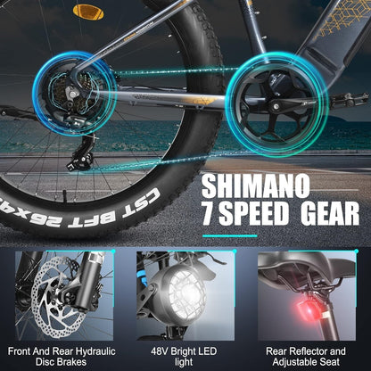 Electric Bike,750W 32 MPH Electric Mountain Bike for Adults, 26" Fat Tire Electric Bicycle with 48V 15Ah Removable Internal Lithium-Ion, Shimano 7