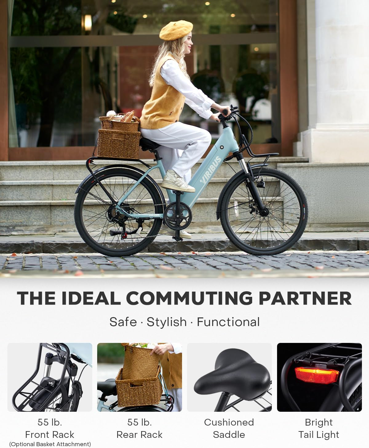 Electric Bike for Adults, 48V 15Ah 28Mph E Bike for Adults, 26" 500W Electric Cruiser Bike for Women Men, City Commuter Step through Ebike, 7 Speed