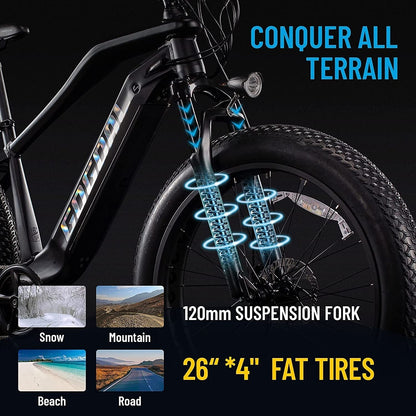 Electric Bike for Adults - 750W BAFANG Motor 48V 15Ah Larger Battery 26'' Fat Tire Ebike 7-Speed Electric Mountain Bike Beach Camping Snow Ebikes