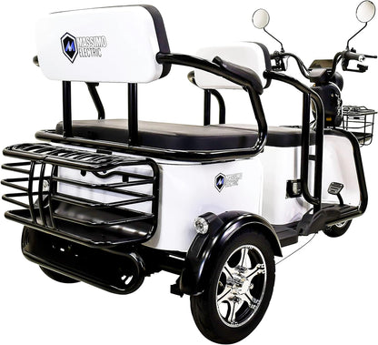 Tricycle, E-Trike 3 Wheels Electric Bike, MGC 800W Hub Motor 17 Mph Front and Back Backseat, 3 Passengers with Front and Back Storage (White)