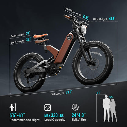 Electric Bike for Adults 750W Motor 16Ah/20Ah Battery [Unibody Magnesium Frame] E Mountain Bike Full Suspension 24" Fat Tire Ebike 28Mph Long Range
