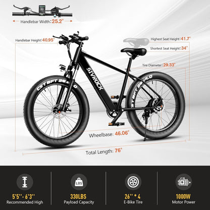 Electric Bike for Adults, 26" X 4.0 Fat Tire Electric Mountain Bicycle, 1000W Motor 48V 15Ah Ebike with Professional 7 Speed, Hidden Lithium-Ion
