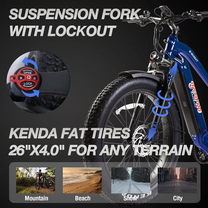 Young Electric Bike E-Scout, 750W Motor 48V 15Ah Battery up to 60 Miles 28MPH, 26''X4.0'' Fat Tire Mountain Snow Beach Off-Road Adult Ebike