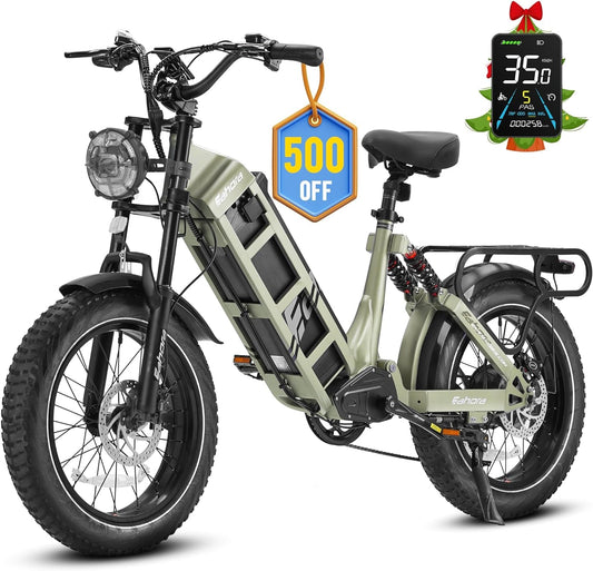 Juliet Electric Bike 60Ah 1000W Electric Bike Long Range 140Miles+ 20'' Electric Fat Tire Bike with Full Suspension, Hydraulic Brakes, 7-Speed Step