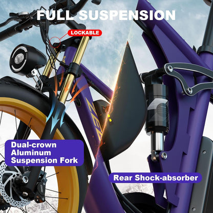 Fat Tire Electric Bike 2000W Ebike for Adults, 48V 22.4AH Battery Dual Motor 26" Full Suspension Electric Bicycles 35MPH AWD Mountain E Bike Hydraulic