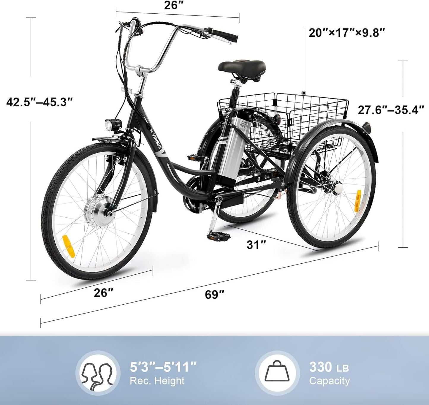 Electric Trike, Electric Tricycle for Adults with UL Tested 36V 10Ah Battery, 250W E Trike with Basket, 3 Wheel Electric Bicycle for Men Women Senior,