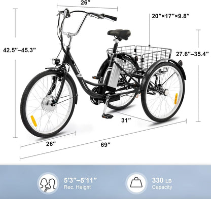 Electric Trike, Electric Tricycle for Adults with UL Tested 36V 10Ah Battery, 250W E Trike with Basket, 3 Wheel Electric Bicycle for Men Women Senior,