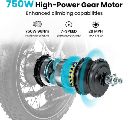 Ocelot/Ocelot Pro Step Thru 20" Electric Bike for Adults 750W 52V E Bike 15Ah/20Ah Long Range Electric Bike Max 28 Mph 7 Speeds
