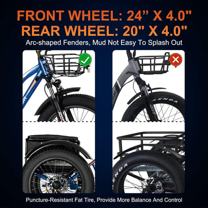 Motan Electric Trike, 85MI, 450Lbs, 3 Wheel Electric Bicycle with 750W Motor 48V 20Ah Lithium Battery, M-350A 24" Electric Tricycle for Adults
