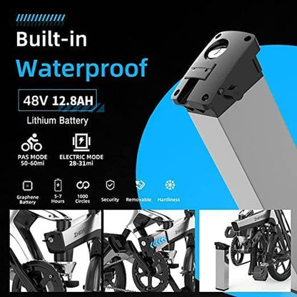 Electric Bike for Adults,[Unibody Magnesium Alloy] 1000W Motor 48V 25Ah/16Ah Battery Folding Electric Bicycles, 20" Fat Tire Electric Bike,Snow Beach