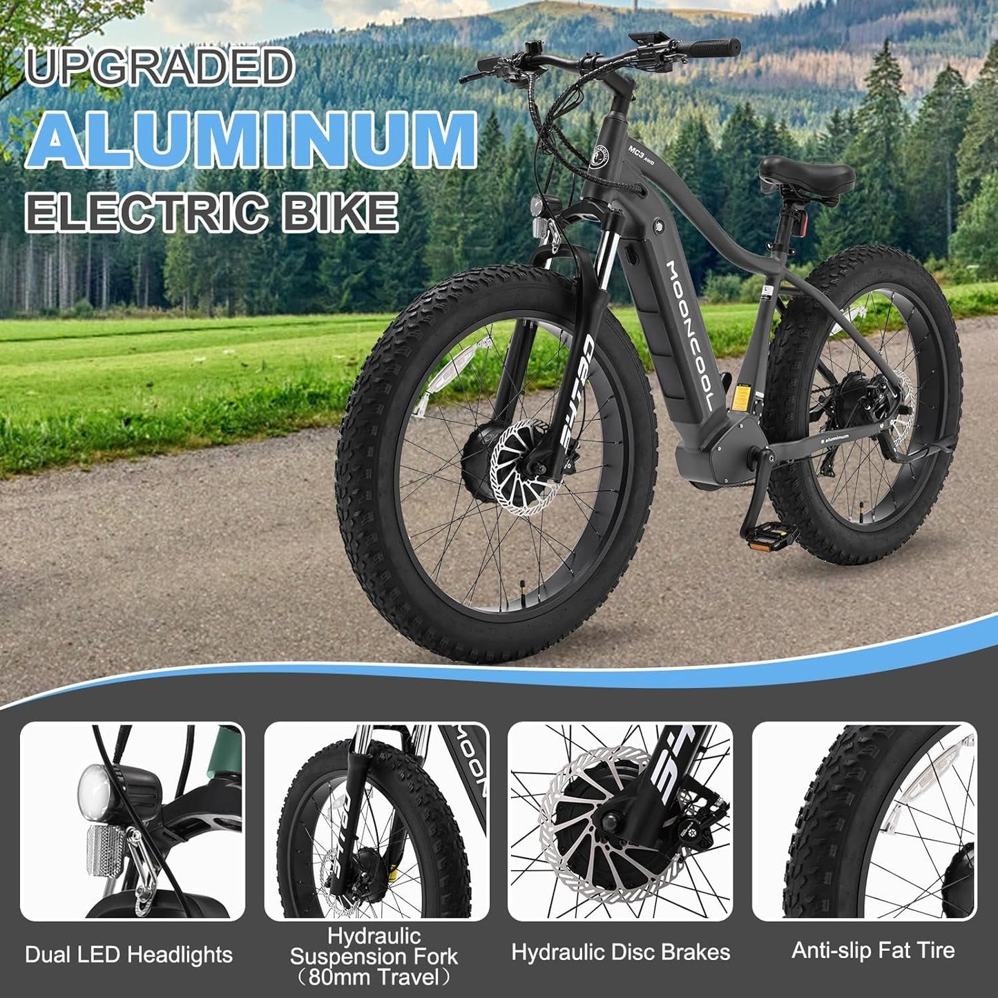 Electric Bike for Adults, 26" Fat Tire Electric Mountain Bikes, 1000W Electric Bicycles Peak 1500W Ebike, Electric Aluminum Frame off Road Bike with