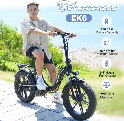 EK6 Electric Bike 20" X 4.0 Fat Tire Foldable Electric Bicycle with 48V 15Ah Removable Battery, 750W Commute Beach Step-Thru Ebike for Adults, Dual