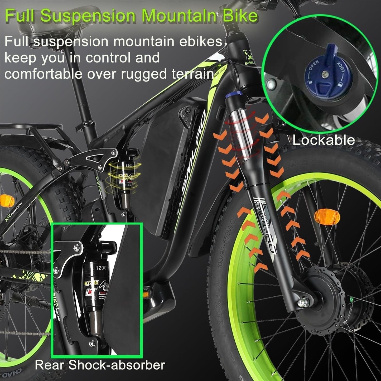 SMLRO V3 Dual Motors MTB with Rear Shock Absorber, 22.4AH 2000W 26" Fat Tire Electric Bike 35MPH, Mountain E-Bike Suspension Electric Bicycle Ebikes
