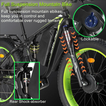 SMLRO V3 Dual Motors MTB with Rear Shock Absorber, 22.4AH 2000W 26" Fat Tire Electric Bike 35MPH, Mountain E-Bike Suspension Electric Bicycle Ebikes