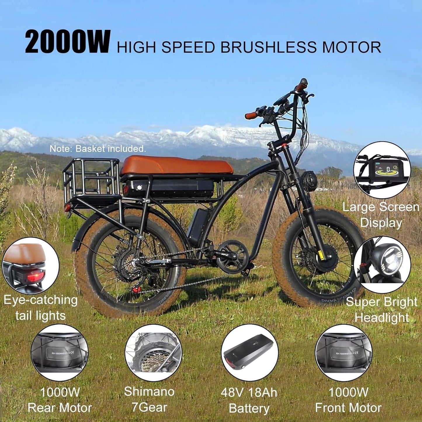 SMLRO E5 plus Electric Bike for Adults 20" X 4.0 Fat Tire with 2000W Dual Brushless Motor, 45 KM 30MPH Shimano 7 Speed MTB, 48V 18Ah Removable