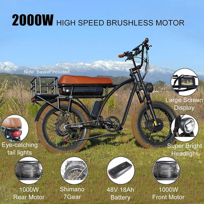 SMLRO E5 plus Electric Bike for Adults 20" X 4.0 Fat Tire with 2000W Dual Brushless Motor, 45 KM 30MPH Shimano 7 Speed MTB, 48V 18Ah Removable