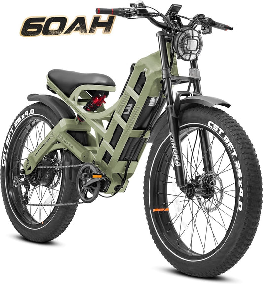 Romeo 60Ah Peak 1200W Electric Bike for Adults 100-200Miles Long Range Electric Bike 26 * 4.0 Fat Tire Electric Bike Full Suspension Electric Mountain