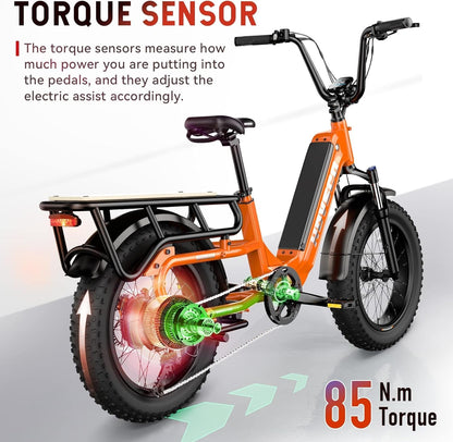 Electric Bike for Adults, 1000W Motor Torque Sensor Ebike 28Mph, 48V 15AH Removable Battery 60Miles Electric Cargo Bike, 20" Fat Tire Commuter