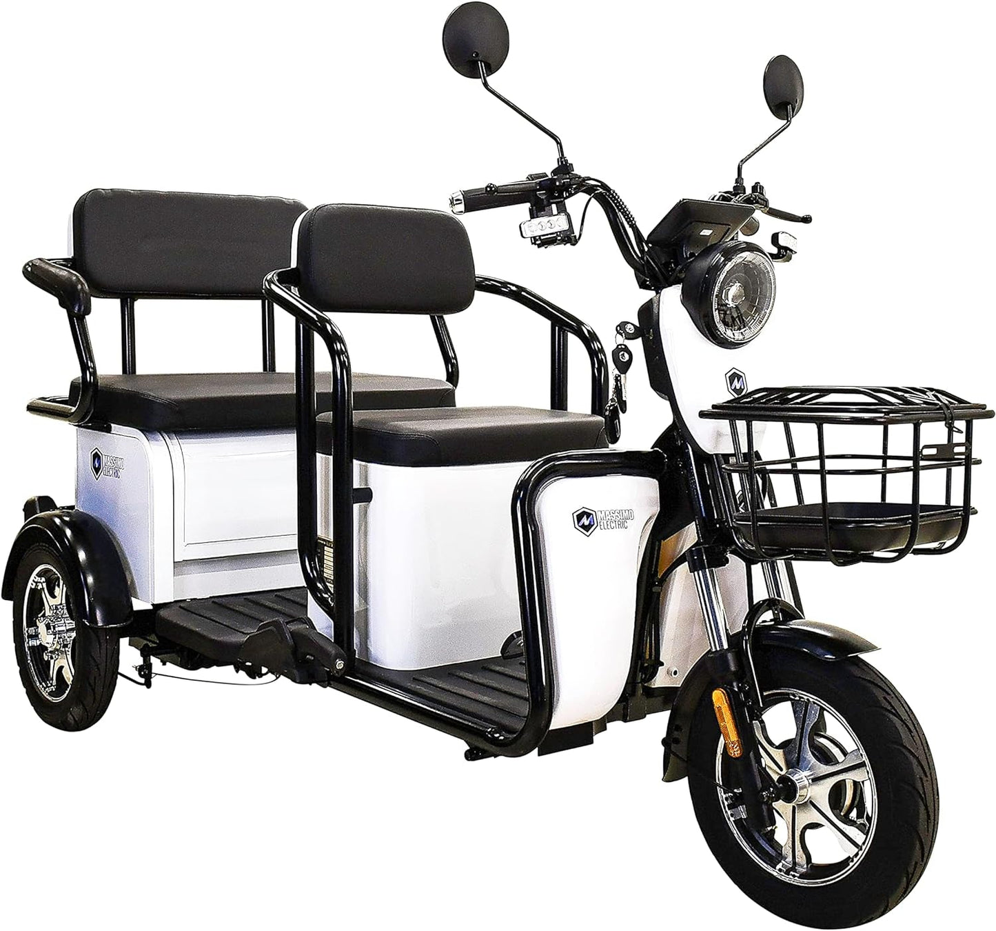 Tricycle, E-Trike 3 Wheels Electric Bike, MGC 800W Hub Motor 17 Mph Front and Back Backseat, 3 Passengers with Front and Back Storage (White)