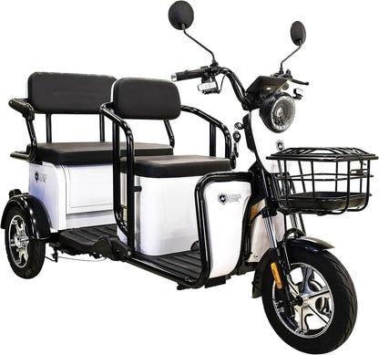 Tricycle, E-Trike 3 Wheels Electric Bike, MGC 800W Hub Motor 17 Mph Front and Back Backseat, 3 Passengers with Front and Back Storage (White)