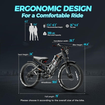 Peak 1400W 60AH Full Suspension Electric Bike 100 - 200 Miles Long Range Ebike 26" Fat Tire Electric Mountain Bike