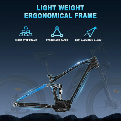 Electric Bike for Adults 1000W/Peak 1500W Ebike 48V 20AH Battery, 26" Fat Tire Full Suspension, 33MPH Shimano-7 Speed off Road Beach Mountain Electric