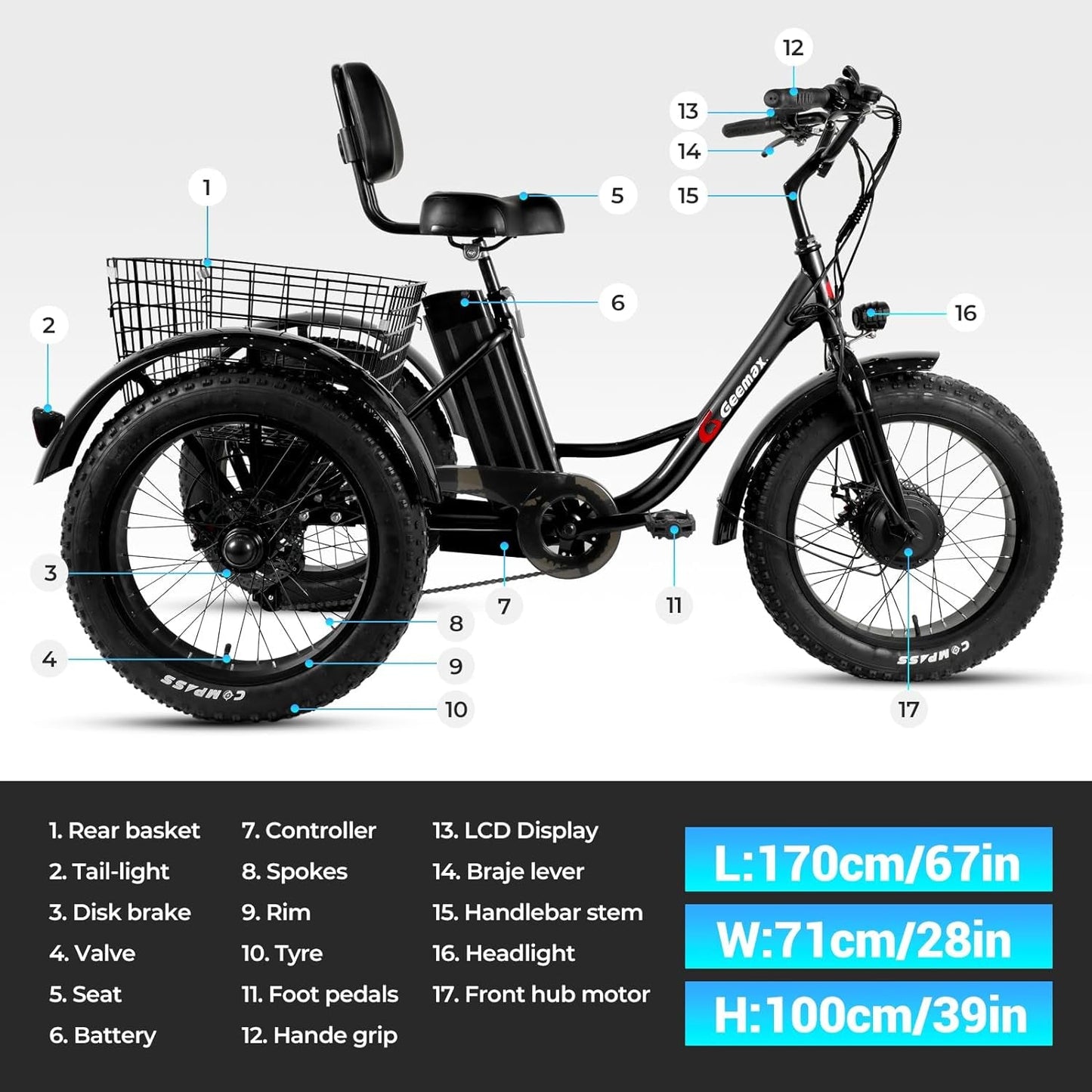 Electric Tricycle for Adults, 20" X 4.0 Fat Tire Electric Trike, 36V 350W 13Ah Lithium Battery UL Certified, Motorized 3 Wheel Electric Bicycle with