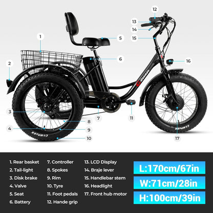 Electric Tricycle for Adults, 20" X 4.0 Fat Tire Electric Trike, 36V 350W 13Ah Lithium Battery UL Certified, Motorized 3 Wheel Electric Bicycle with