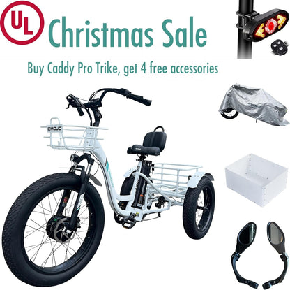 Electric Tricycle 20 X 4.0 Inch Fat Tire Caddy Pro Trike 500W 48V 7 Speed Hybrid Bicycle with Hydraulic Brake Oversize Rear Cargo and Front Basket for