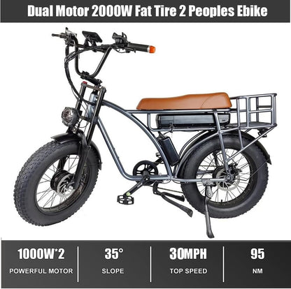 2000W Dual Motor Electric Bike for 2 Adults, 30 MPH Fat Tire AWD Ebike, 48V 18AH Mountain E Bikes, Two People E-Bike for Hunting, Adult Electric