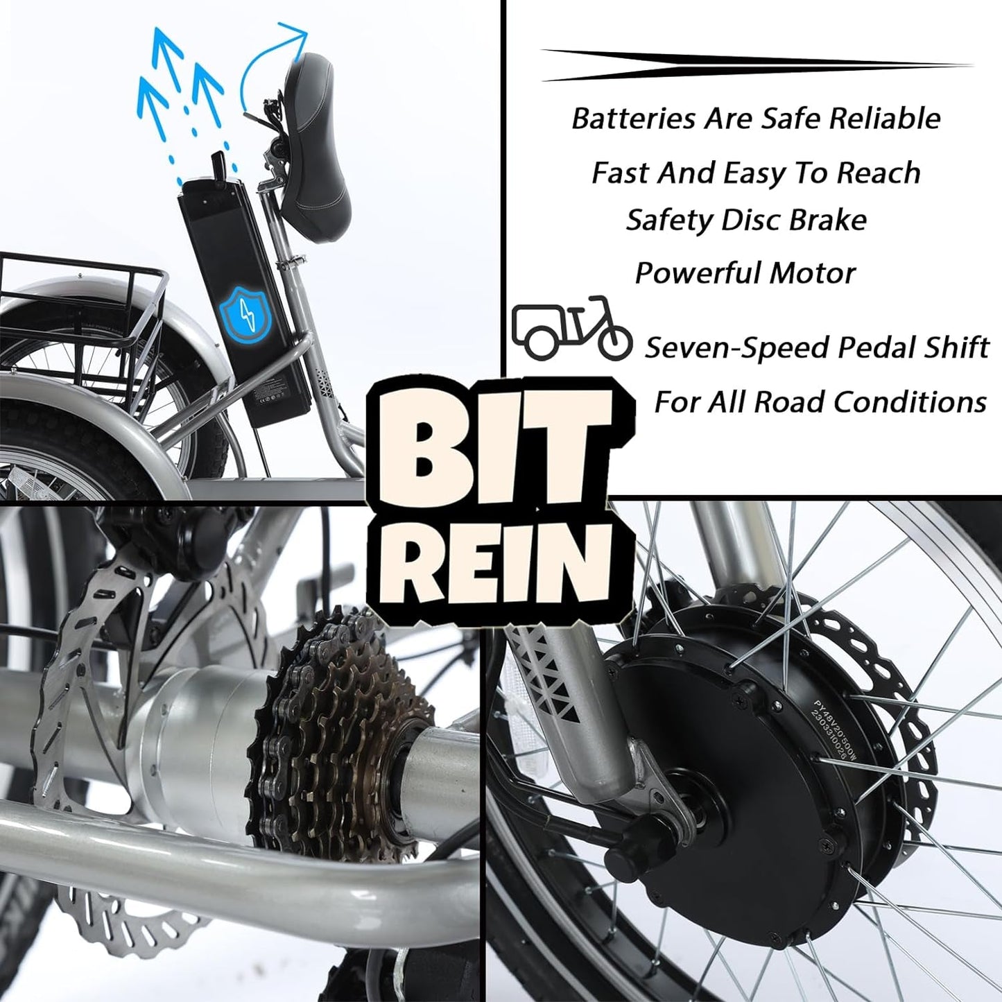 Adult Electric Tricycle 20-Inch Hub Electric Bicycle, 17.5AH Detachable Lithium Battery, 500W 48V Super High Power, Home, Travel, Off-Road, Fast