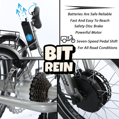 Adult Electric Tricycle 20-Inch Hub Electric Bicycle, 17.5AH Detachable Lithium Battery, 500W 48V Super High Power, Home, Travel, Off-Road, Fast