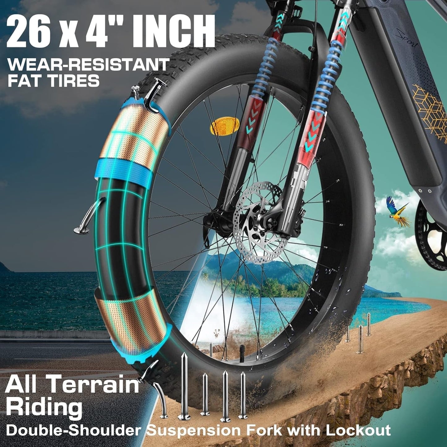 Electric Bike,750W 32 MPH Electric Mountain Bike for Adults, 26" Fat Tire Electric Bicycle with 48V 15Ah Removable Internal Lithium-Ion, Shimano 7
