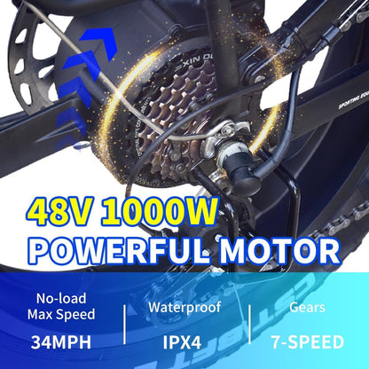 H20Pro Electric Bike, 1000W 20" Fat Tire Folding Electric Bicycle, 48V 20Ah Removable Lithium Battery, 7-Speed, Dual Shock Absorbers, Mountain Ebike