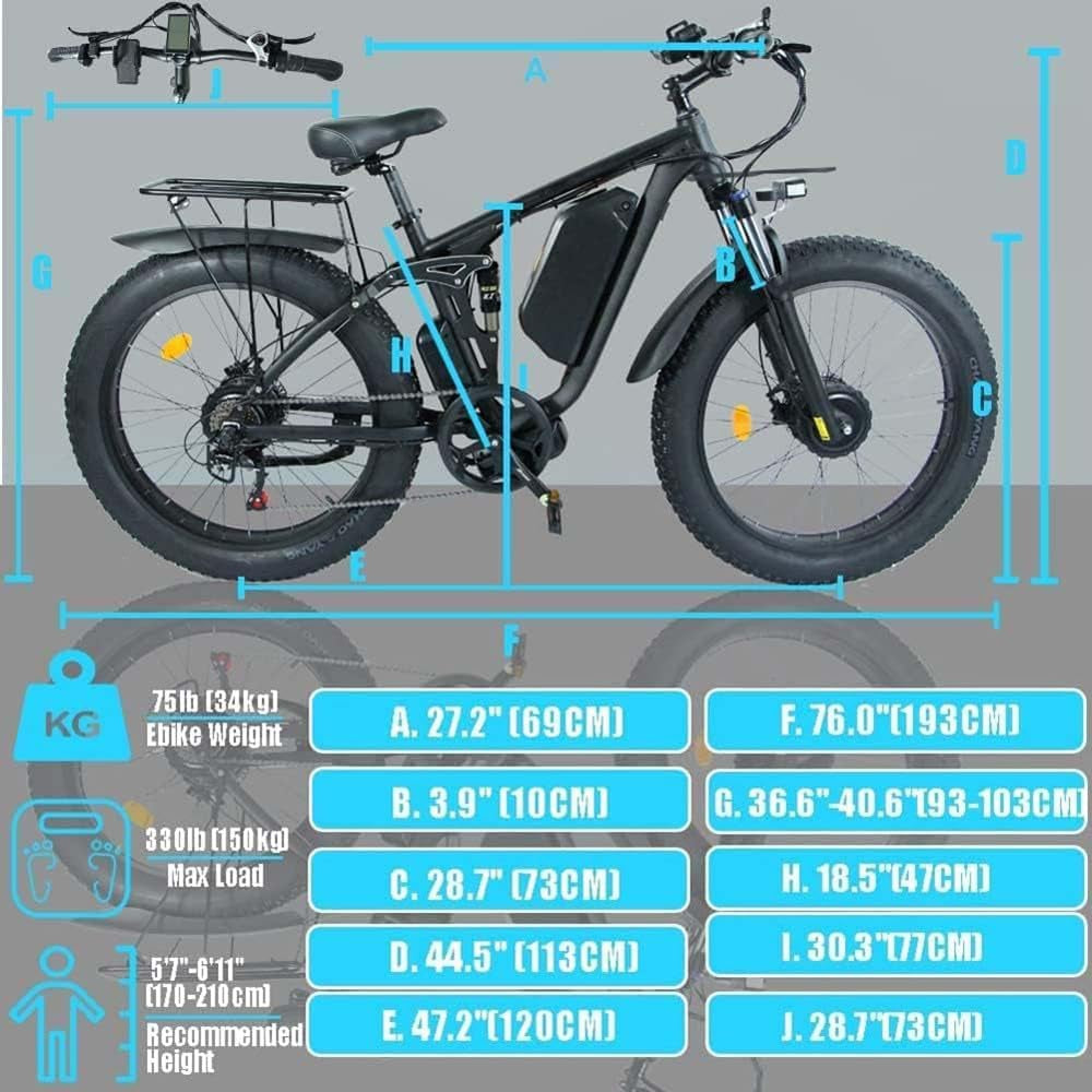 SMLRO V3 Adults Electric Bike, 2000W Dual Motor 48V 22Ah AWD Ebike, 82NM Torque 35MPH Electric Bicycles Shimano 7 Speed with 26" MTB for Trail Riding