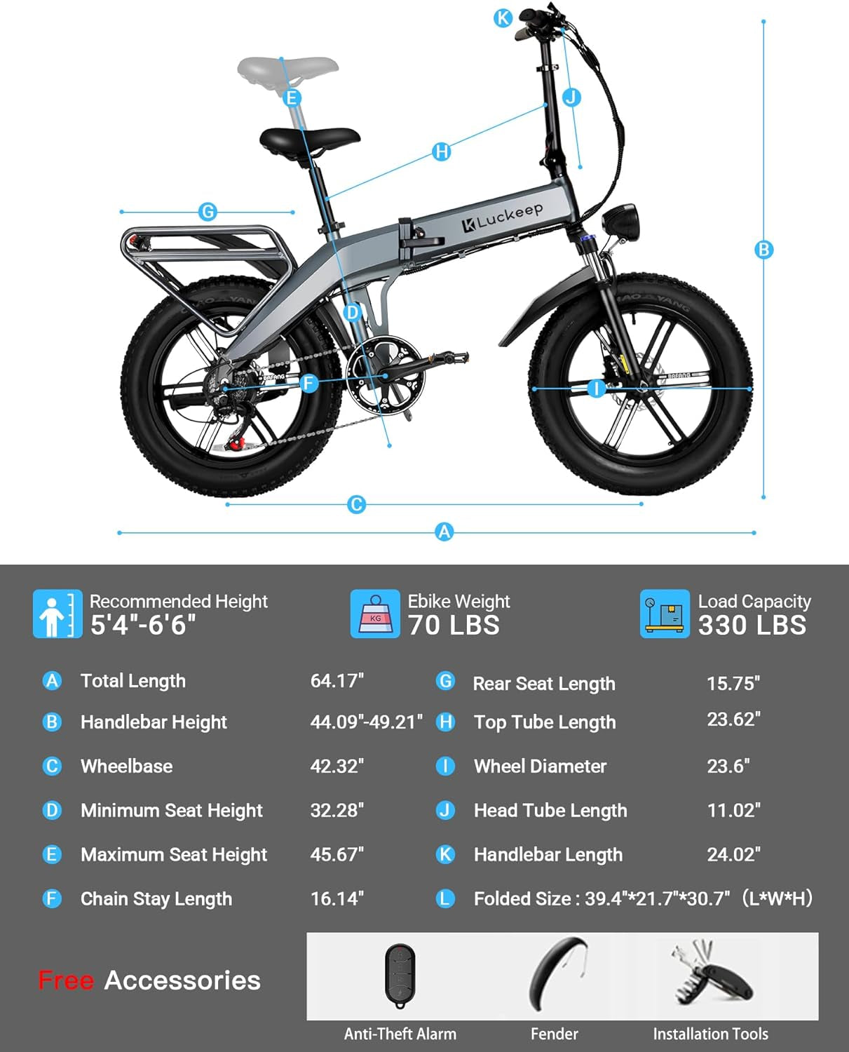 Electric Bike for Adults 1130W Peak BAFABG Motor 30MPH 48V 15AH Battery 60Miles Range Folding E Bikes for Adults Electric Bicycle 20 Inch Fat Tire