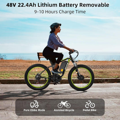 1500W Electric Bike for Adults, 26" Fat Tire Electric Mountain Bicycle, 48V 22.4Ah Removable Li-Ion Battery, Max 30.5Mph E-Bike Snow Beach,Electric