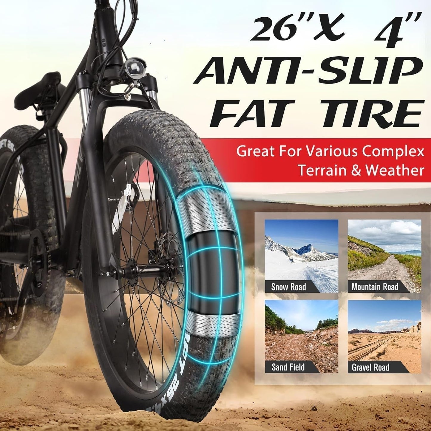 Electric Bike for Adults, 26" X 4.0 Fat Tire Electric Mountain Bicycle, 1000W Motor 48V 15Ah Ebike with Professional 7 Speed, Hidden Lithium-Ion