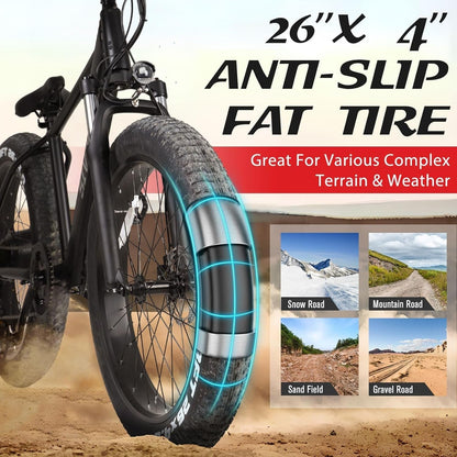Electric Bike for Adults, 26" X 4.0 Fat Tire Electric Mountain Bicycle, 1000W Motor 48V 15Ah Ebike with Professional 7 Speed, Hidden Lithium-Ion