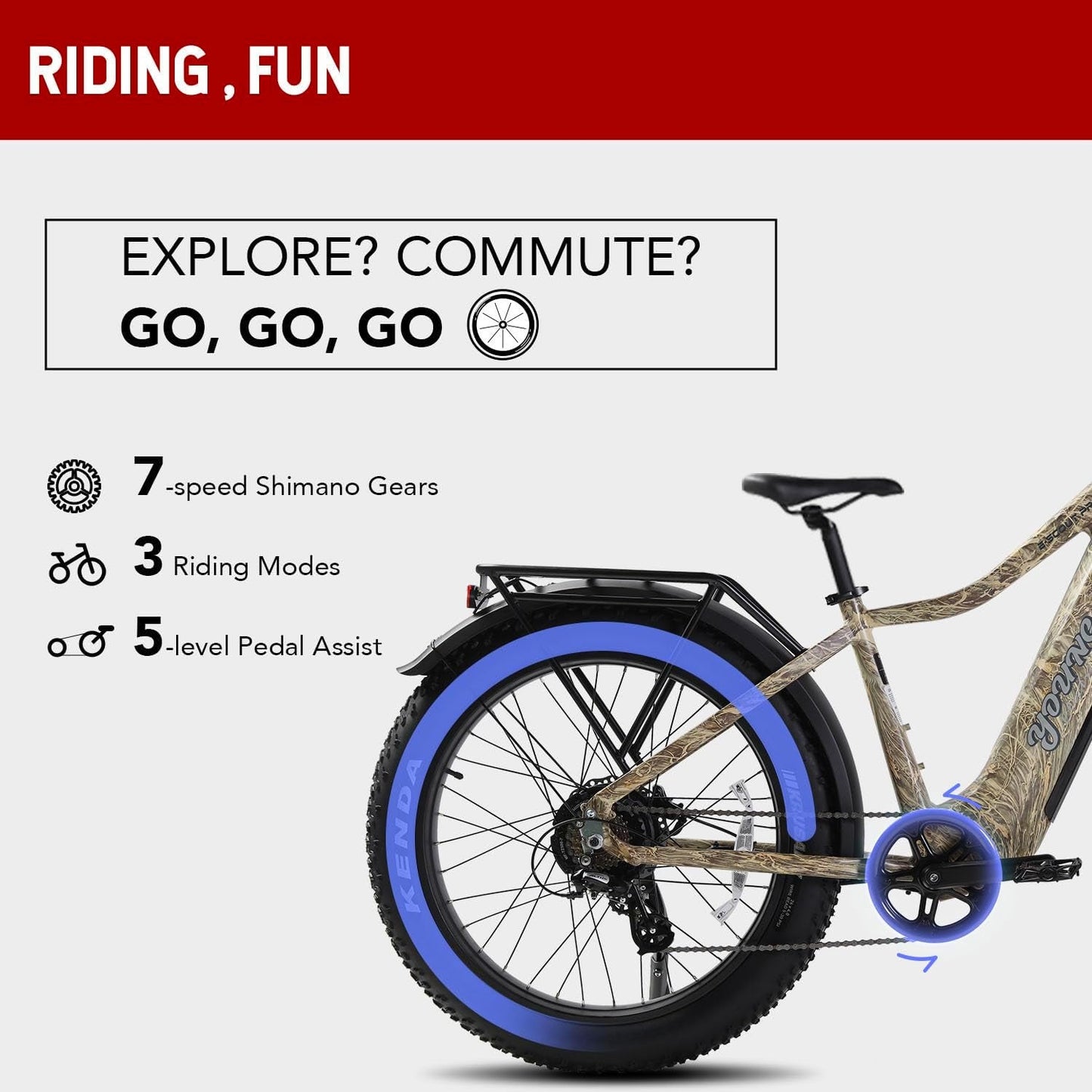 E-Scout PRO, 750W Electric Bike Adults, 80Miles Motor Ebike, 48V 20Ah Battery, 26'' Fat Tire 28MPH Men Women Bicycle for Snow Beach Mountain off Road
