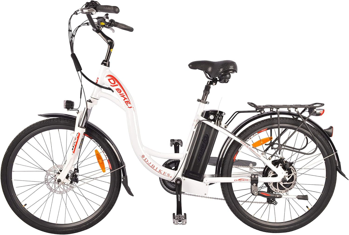 DJ City Bike 750W 48V 13Ah Step-Thru Power Electric Bicycle, Pearl White, LED Bike Light, Fork Suspension and Shimano Gear