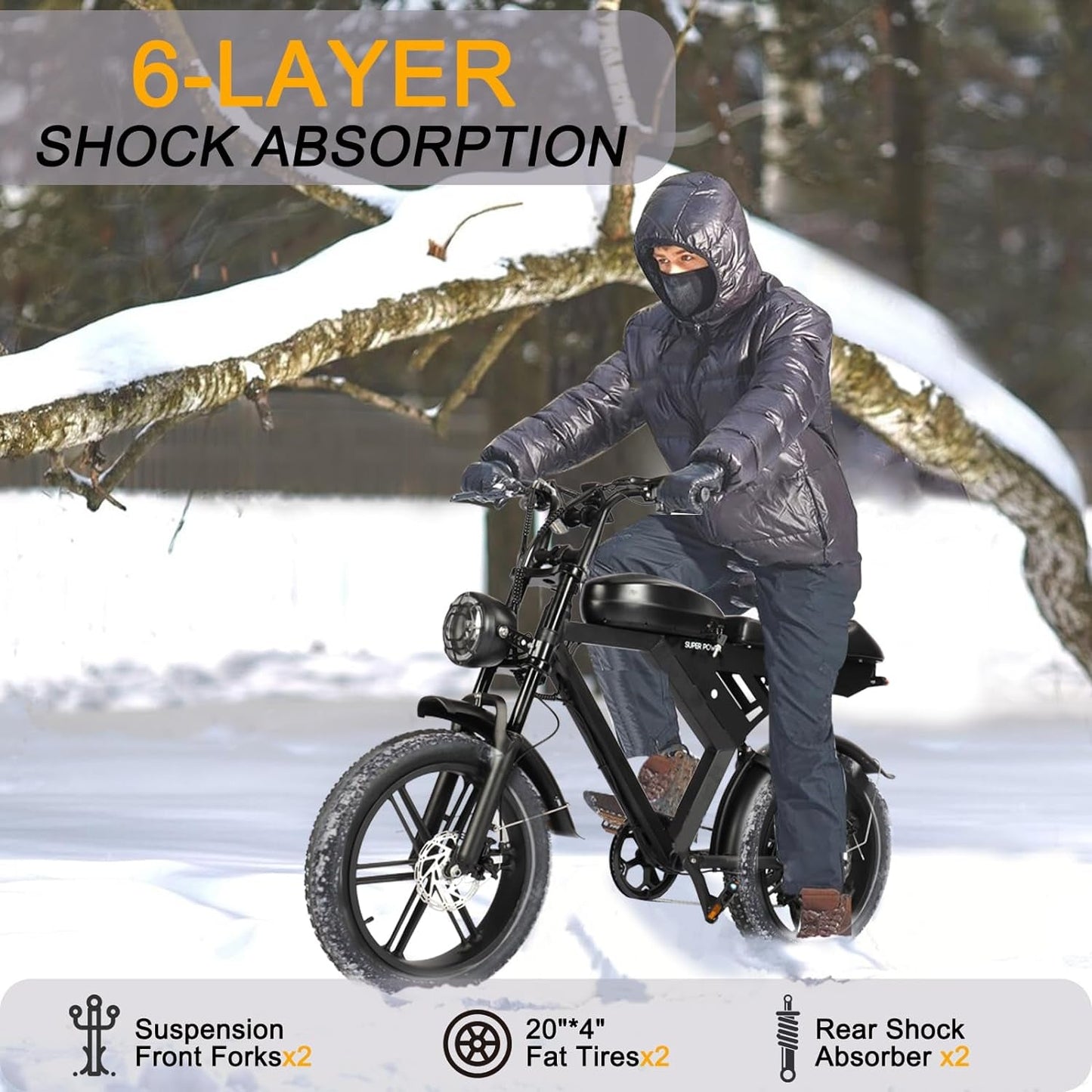 Electric Bike 20 Inch Fat Tire Electric Bike, 1000 Motor up to 28 MPH & 70 Miles, 6-Layer Full Suspension, 15.6AH Removable Battery,Throttle &
